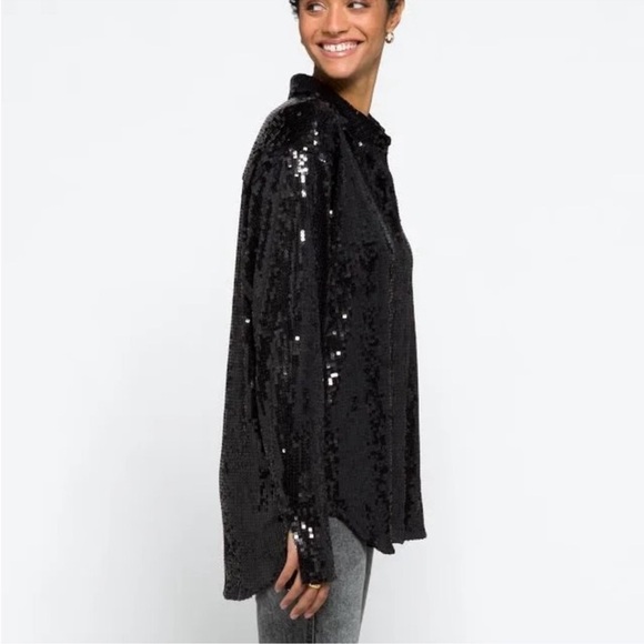 GOOD AMERICAN Sequin Collared Party Jacket Blouse Size 5 NWT Black $129 Sold Out - Picture 3 of 17